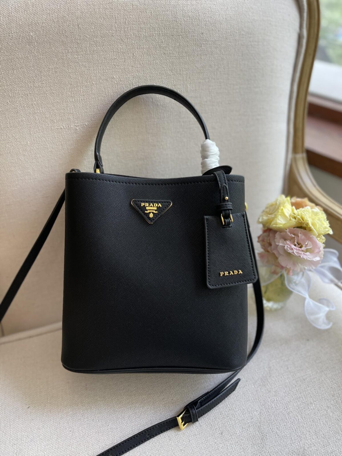 Prada Medium Saffiano Leather Panier Bag Black 1Ba2122Erxf0Lj4Vooo - Image 6