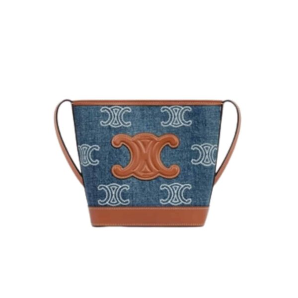Celine Mini Bucket Cuir Triomphe In Denim With Triomphe All Over Embroidery And Calfskin Navy Tan 16Cm 10L432Fdx 07At