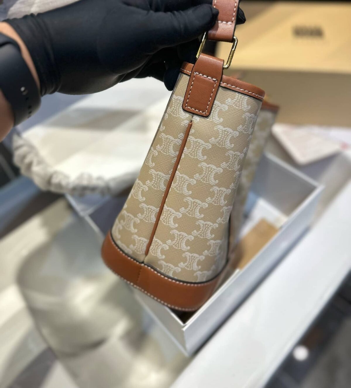 Celine Small Bucket Cuir Triomphe In Triomphe Canvas And Calfskin Grege 22Cm 191442Flc 02Gr - Image 9