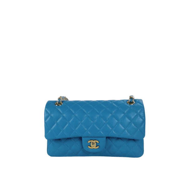 Chanel Classic Medium Lambskin Flap Bag Blue And Gold 25Cm