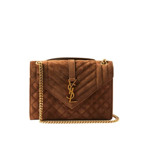 Saint Laurent Envelope Medium Matelass? Suede Shoulder Bag Brown 24Cm