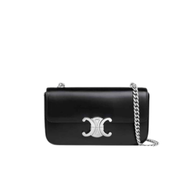 Celine Chain Triomphe In Shiny Calfskin Shoulder Bag Silver Black 20Cm 115203Bf4 38Si