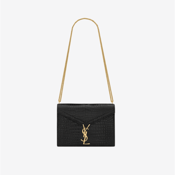 Saint Laurent Cassandra Croc-Embossed Shiny Leather Cross-Body Bag Black