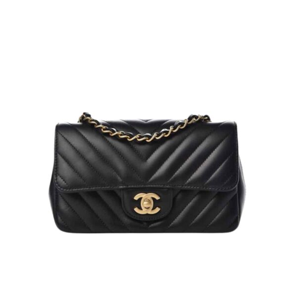 Chanel Lambskin Chevron Quilted Mini Rectangular Flap Black 19Cm