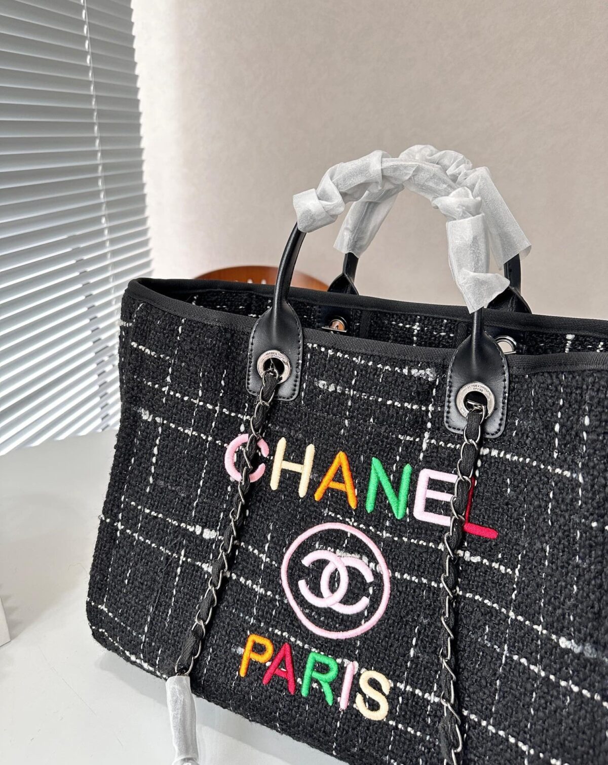 Chanel Tweed Medium Deauville  Tote Black Multicolor 37Cm - Image 9