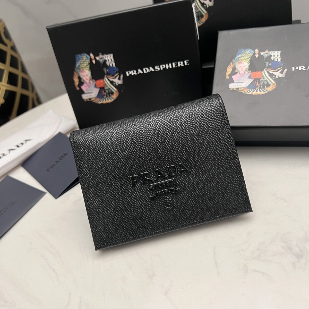 Prada Saffiano Monochrome Flap Small Wallet Full Black 10Cm 1Mv204 Qwa F0002 - Image 10