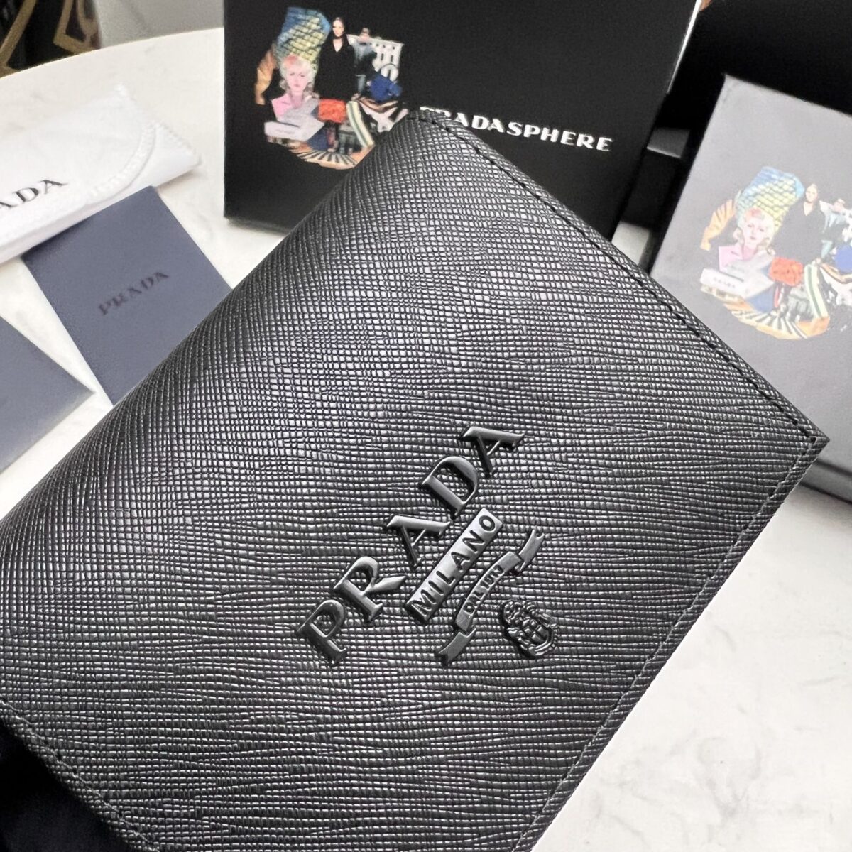 Prada Saffiano Monochrome Flap Small Wallet Full Black 10Cm 1Mv204 Qwa F0002 - Image 3