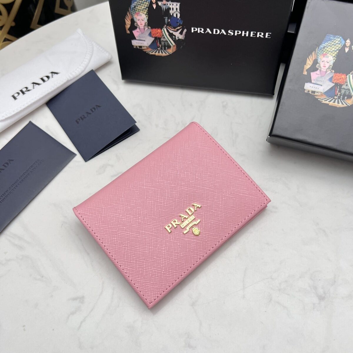 Prada Saffiano Leather Flap Small Wallet Peony Pink And Gold 10Cm 1Mv204 Qwa F0505 - Image 3