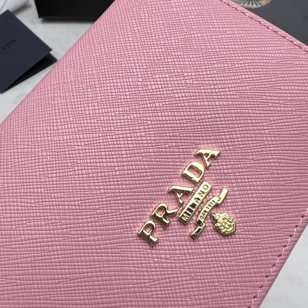 Prada Saffiano Leather Flap Small Wallet Peony Pink And Gold 10Cm 1Mv204 Qwa F0505 - Image 4