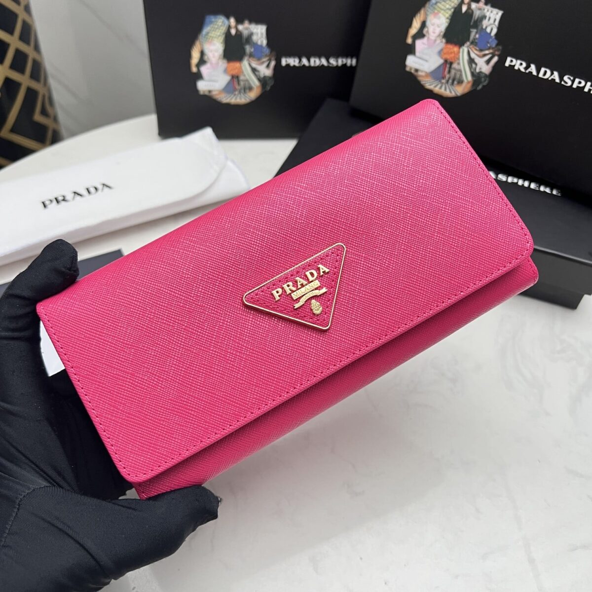 Prada Saffiano Lux Leather Flap Continental Dark Pink Wallet 19Cm - Image 7
