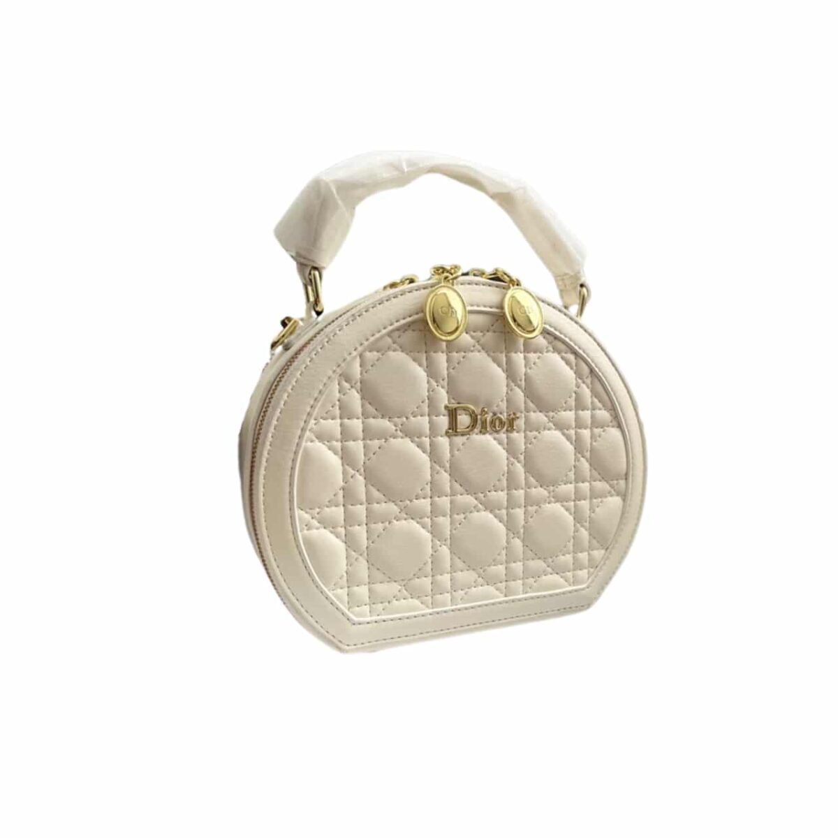 Dior Caro Round Pouch Cross Bag Gold Hardware White 13Cm - Image 1