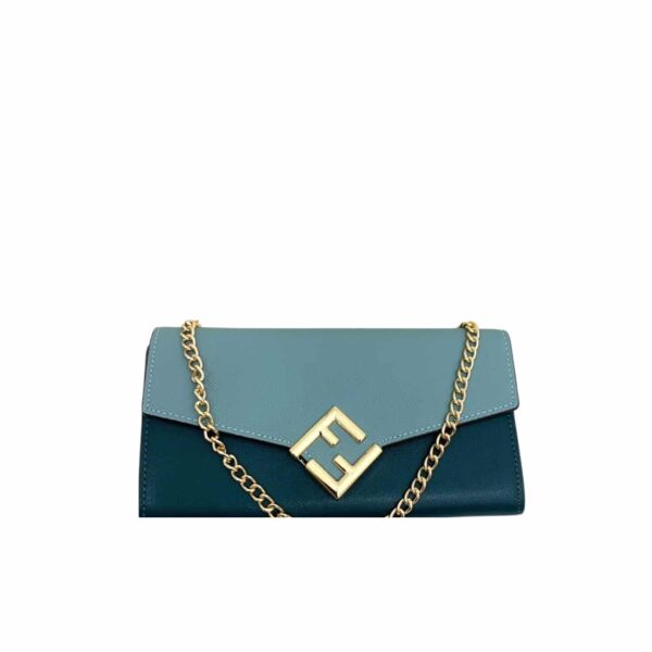Fendi Ff Diamonds Continental With Chain Leather Wallet Green Blue 19Cm