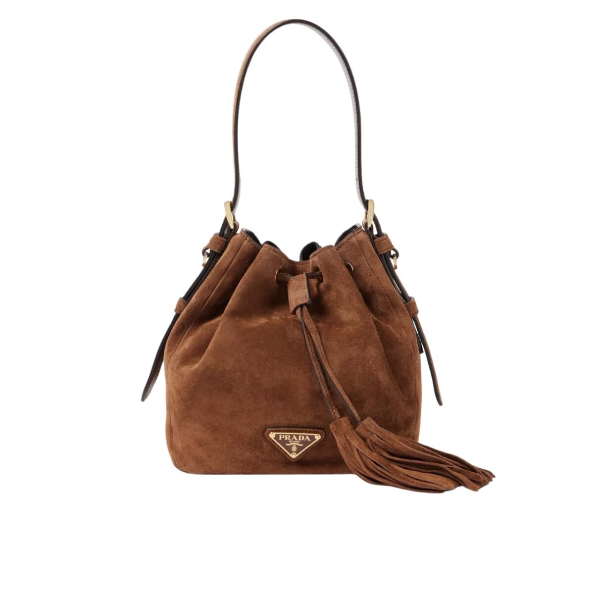 Prada Small Suede Bucket Bag In Brown 20Cm - Image 1