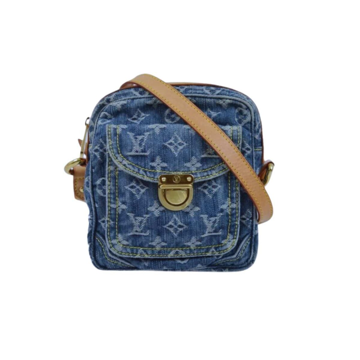 Louis Vuitton Camera Bag Blue Denim Monogram And Vachetta Trim 19Cm - Image 1