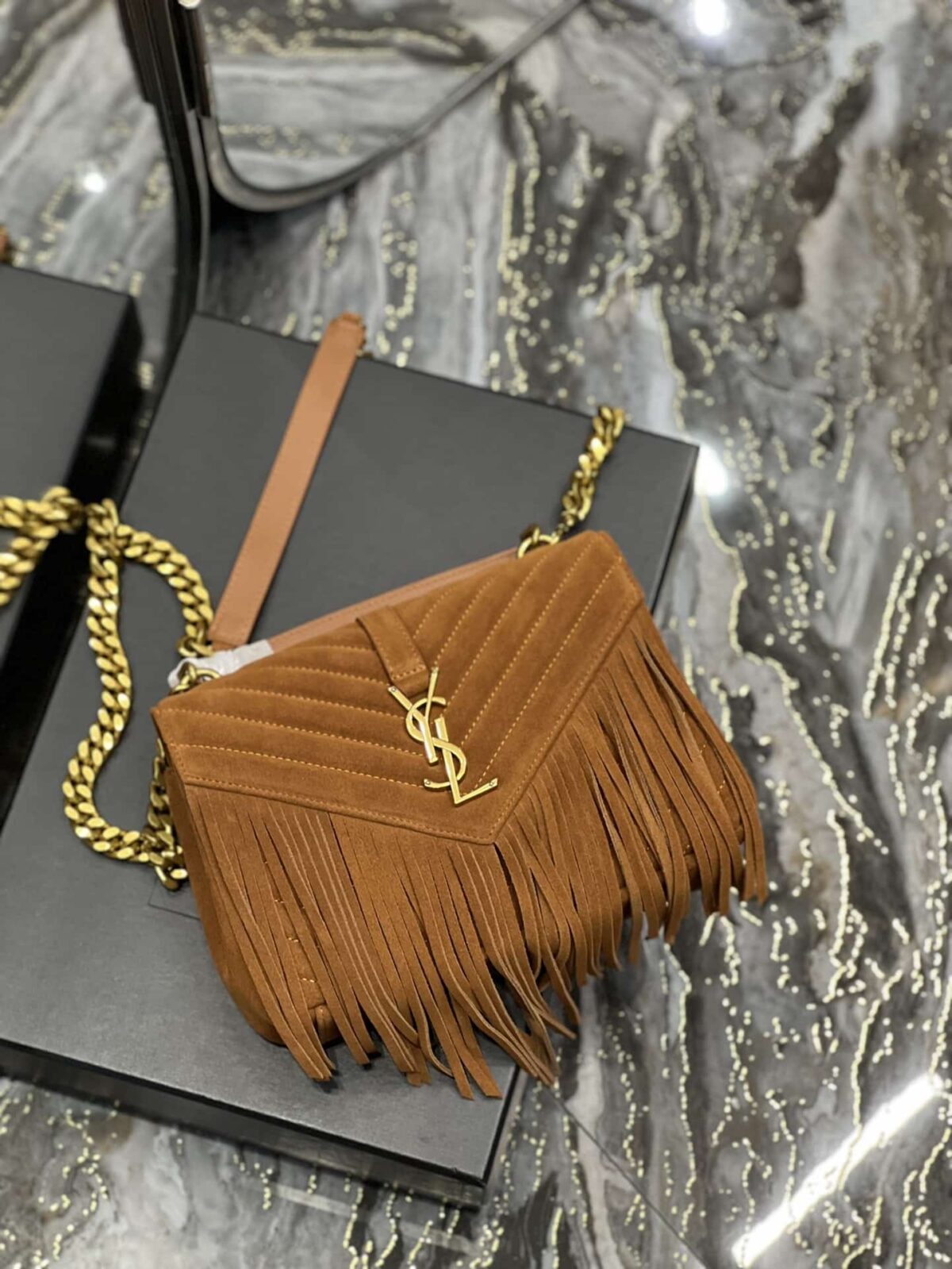 Saint Laurent College Medium Suede Shoulder Bag Brown 24Cm - Image 9