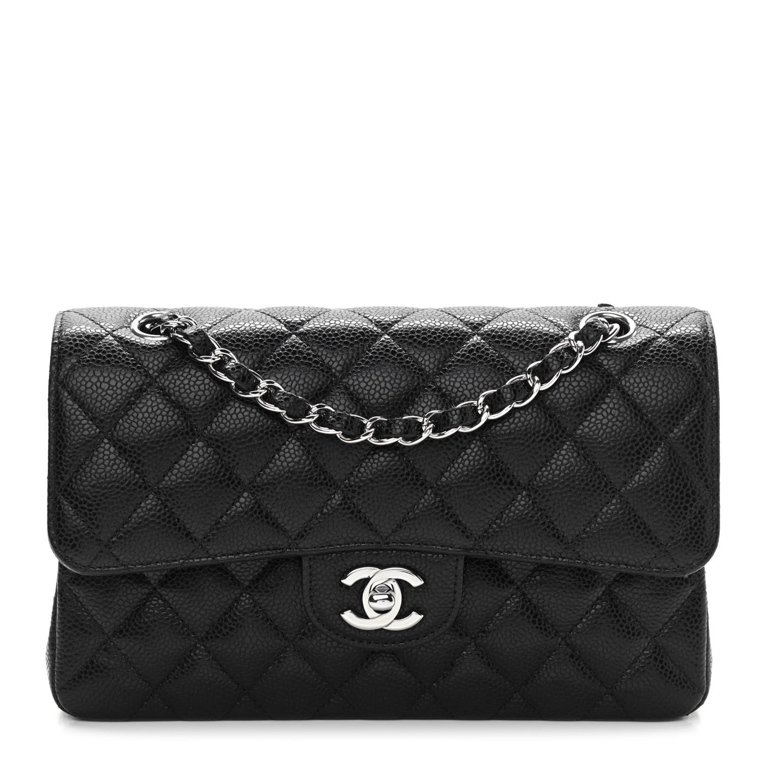 Black Quilted Caviar Small Double Flap Silver Hardware